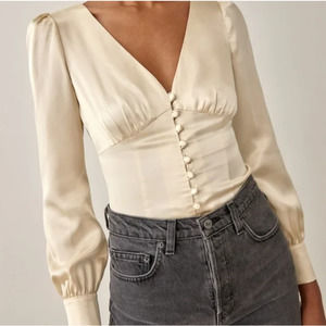 Reformation Silk Slim Fit Long Cadence Sleeve V-Neck Blouse Top Cream Medium